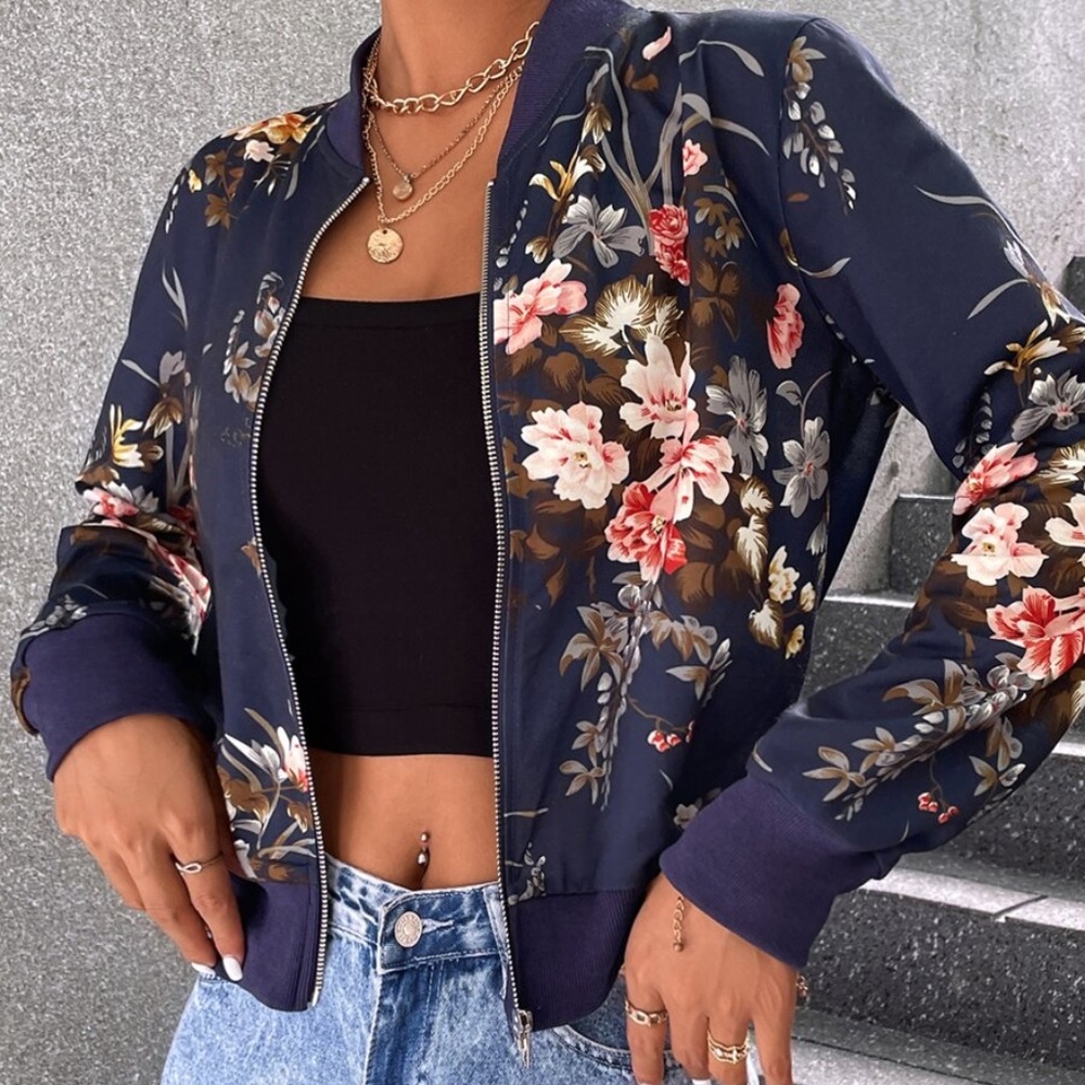 036 Boho Navy Blue Floral Print Zipper Jacket Shacket